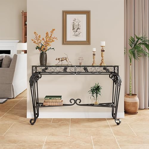 Console Table 47.2", Tempered Glass Sofa Tables, Vintage Entryway Table with Metal Frame, Console Tables for Living Room, Entrance, Foyer, Adjustable Feet (Black)