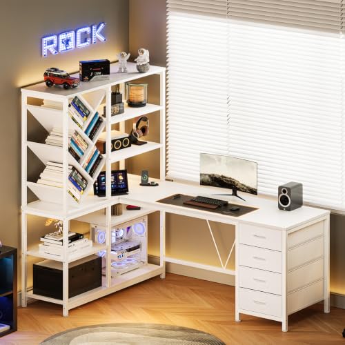 58" White L Shaped Desk with Bookshelf and 3 Drawers for Home Office, view 4