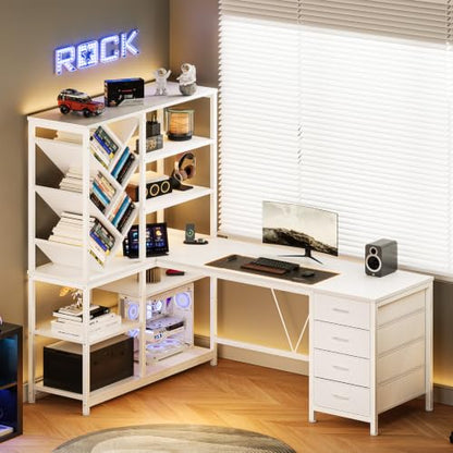 58" White L Shaped Desk with Bookshelf and 3 Drawers for Home Office, view 4