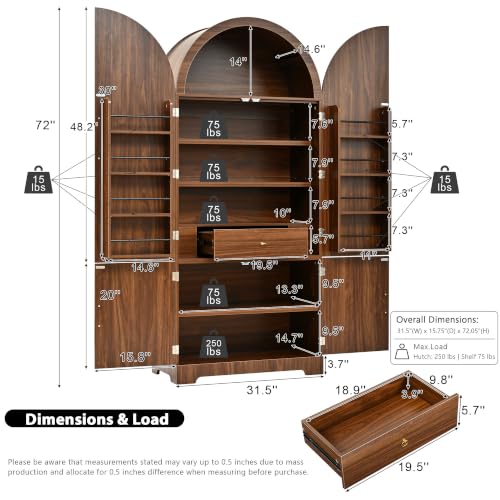 72" Tall Arched Cabinet Kitchen Pantry with 4 Doors, Fluted Storage Cabinets with 3 Adjustable Shelves & 1 Hidden Drawer & 8 Door Shelves, Versatile Cupboard for Kitchen, Dining Room, Brown