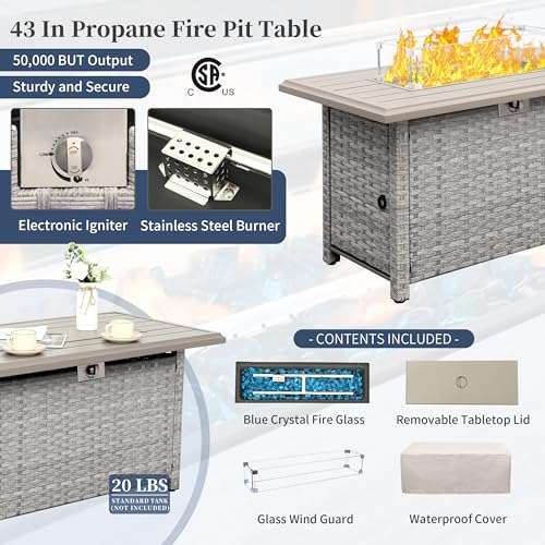 Patio Furniture Set 5 Piece Outdoor Furniture with Fire Pit Table, Grey Wicker Sectional Sofa Couch Sets Backyard Deep Seating PE Rattan Chairs with Navy Blue Cushion