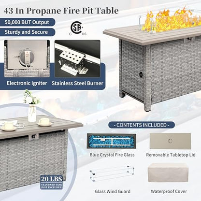 Patio Furniture Set 5 Piece Outdoor Furniture with Fire Pit Table, Grey Wicker Sectional Sofa Couch Sets Backyard Deep Seating PE Rattan Chairs with Navy Blue Cushion