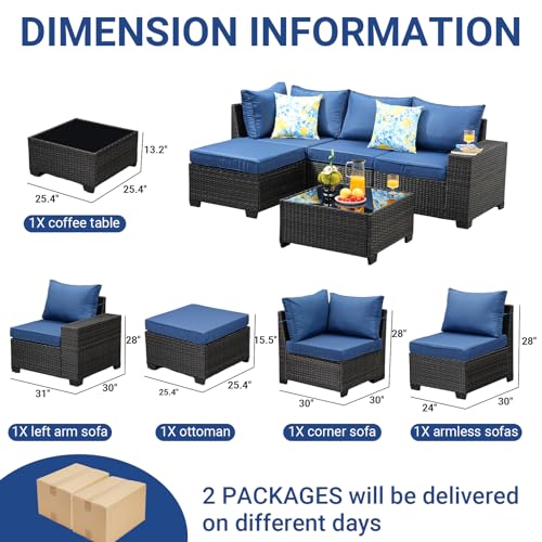 5-Piece Patio Furniture Set, All-Weather Outdoor Wicker Sectional Sofa with Cushions, Tempered Glass Table & Ottoman,Rattan Conversation Seating for Porch, Garden, Backyard,Navy