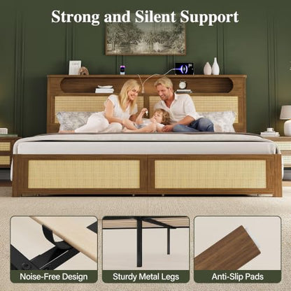 King Size Rattan Bed Frame with 2 Storage Drawers, Wood Bed, Brown, view 8