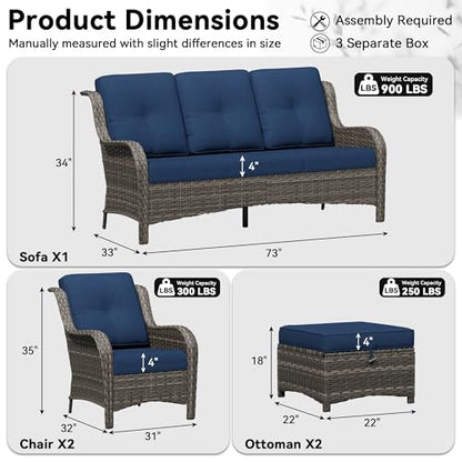 5 Piece Outdoor Wicker Patio Furniture Set, Patio Chairs Set with Thickened Olefin Cushions, High Back and Deep Seating, Hand-Woven PE Rattan, Ottoman for Porch, Deck