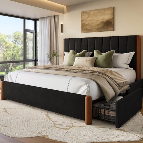 King Size Bed Frame and Headboard & 4 Drawers,Solid Wood Bed Frame, view 2