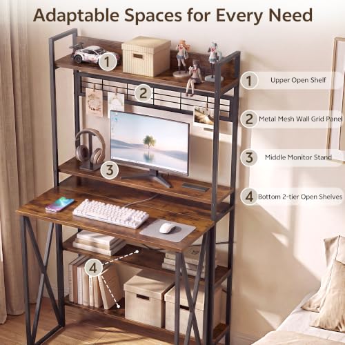 Small Computer Desk with Hutch, Foldable Desk with Shelves for Home Office, view 4