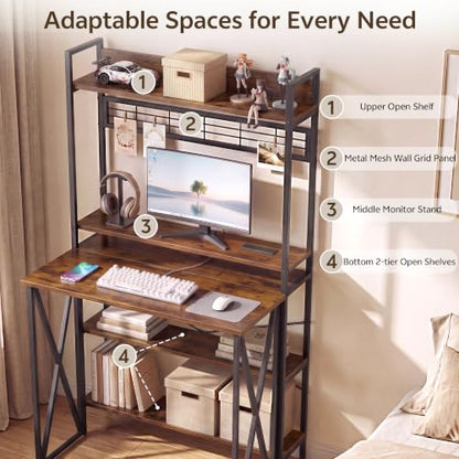 Small Computer Desk with Hutch, Foldable Desk with Shelves for Home Office, view 4