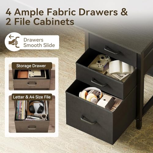 63 inch Office Desk with 6 Fabric Drawers & File Cabinets, Work from Home Computer Desk with Hidden Storage Stand, Deep Black