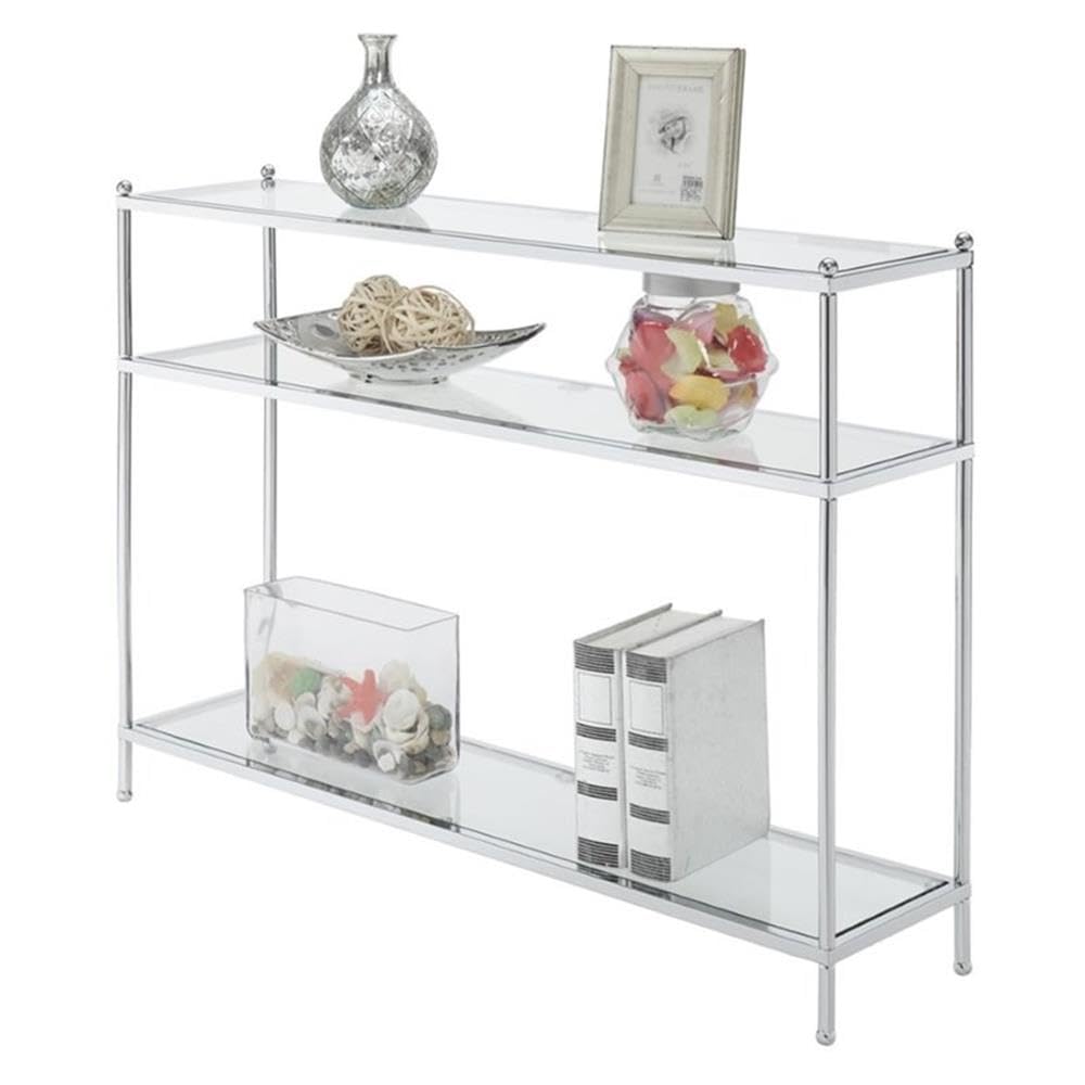 Royal Crest Glass Console Hall Table 42" - 3 Tier Modern, Contemporary Narrow Display Accent with Storage Shelves for Living Room, Entryway, Hallway, & Bedroom, Chrome