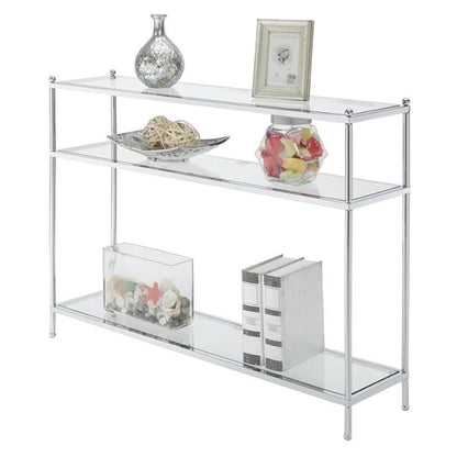 Royal Crest Glass Console Hall Table 42" - 3 Tier Modern, Contemporary Narrow Display Accent with Storage Shelves for Living Room, Entryway, Hallway, & Bedroom, Chrome