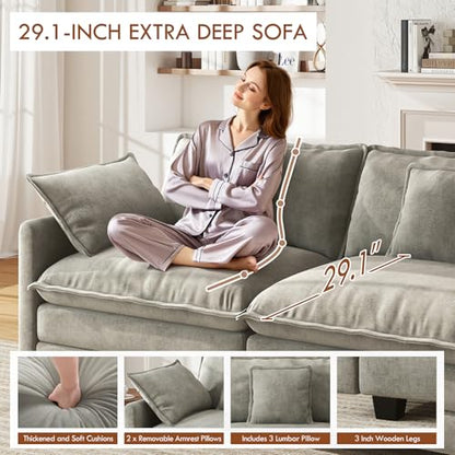 111.4” Cloud Couch, Modular Sectional Sofa, Comfy Modern 3-Seater Couches with Pillows & Upholstered Deep Seat Cushion for Apartment Living Room Bedroom （Grey）