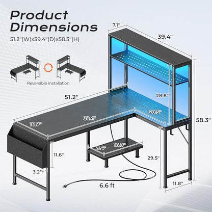 L Shaped Gaming Desk with LED Lights & Power Outlets, view 3