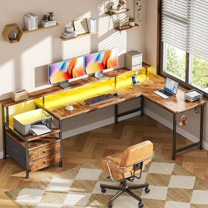 66'' L Shaped Computer Desk with Storage Drawers, Power Outlet, LED, view 3