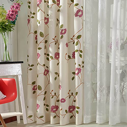 Grommet Curtains 84 Inch Length Red Floral Embroidered Elegant Window Drapes for Living Room Bedroom, W52xL84, 2 Panels