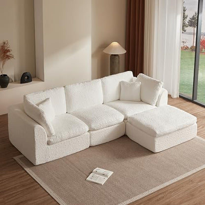 110" Cloud Sectional Couches for Living Room, Convertible L Shape Couch with Ottoman, 3 Seater Modular Sectional Sofa, Warm White