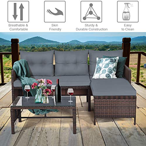 Wicker Patio Furniture Set Couch 3 Piece, L-Shaped PE Rattan Outdoor Sectional Sofa Conversation Set with Loveseat, Lounge and Tempered Glass Coffee Table for Garden Lawn Deck, Grey