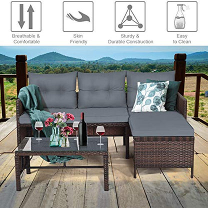 Wicker Patio Furniture Set Couch 3 Piece, L-Shaped PE Rattan Outdoor Sectional Sofa Conversation Set with Loveseat, Lounge and Tempered Glass Coffee Table for Garden Lawn Deck, Grey
