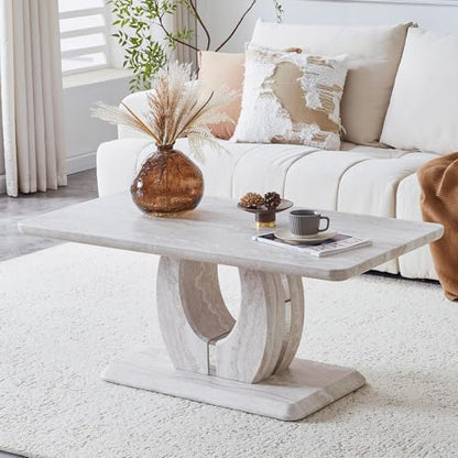43" Modern Minimalist Faux Travertine Coffee Table with Sculptural Pedestal Base, Rectangular MDF Center Table with Metallic Silver Accent, Contemporary Living Room Table, Easy Assembly