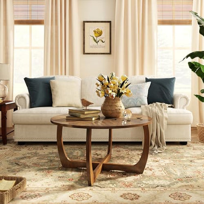 33.5"D Round Wood Coffee Table with Curved Legs, Wood Grain Top | Brown Walnut Wood Tabletop & Legs, Farmhouse Cocktail Table for Living Room, Solid Circle Center Wooden Table