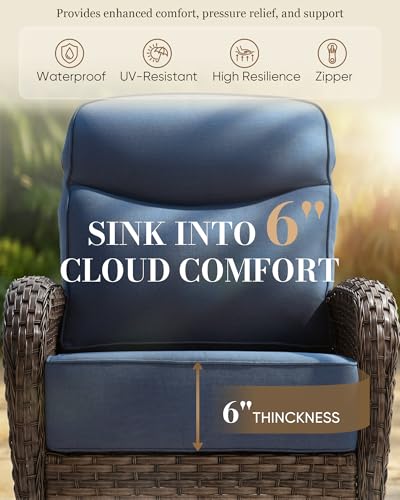 Upgraded 6“ Cushion Luxury Patio Furniture Set - 7 Piece Wicker Furniture Set, Comfort Outdoor Couch and High Back Swivel Rocker Patio Chairs, Conversation Set for Deck Porch - Brown/Blue