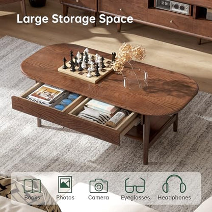 100% Solid Oak Wood Coffee Table for Living Room, 2-Tier Mid-Century Modern Table with 2 Drawers & Open Shelf, Living Room Table with Rounded Corner for Home (Oak Walnut Finish, 47.24'' W)