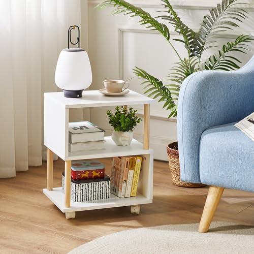 Wooden Night Stand with Open Shelf, Nightstand with Wheels, S-Shaped Bed Side Table 3 Tier, 20 inch High End Table White YD-TM155W