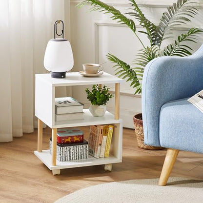 Wooden Night Stand with Open Shelf, Nightstand with Wheels, S-Shaped Bed Side Table 3 Tier, 20 inch High End Table White YD-TM155W