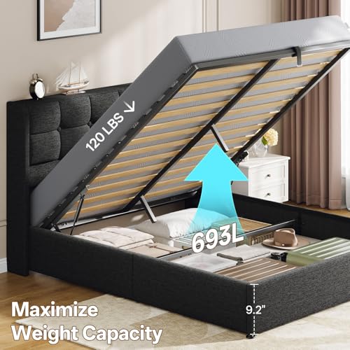 Lift Up Queen Size Bed Frame with Storage, Upholstered Queen Bed Frame with Wingback Headboard, No Box Spring Needed, Easy Assembly - Dark Grey
