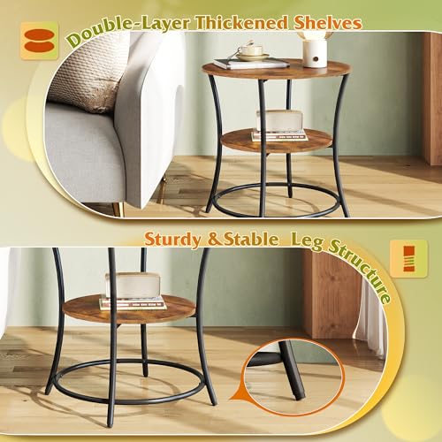 Side Table, Round End Table with 2 Storage Shelves for Living Room, Bedroom, Nightstand with Steel Frame for Small Spaces, Accent Coffee Table, Rustic Brown