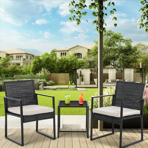 PayLessHere | 3-Piece Outdoor Patio Furniture Set | Khaki | Modern Rattan Bistro Set with Cushioned Chairs & Tempered Glass Coffee Table | Indoor & Outdoor Seating | for Balcony, Garden, Poolside