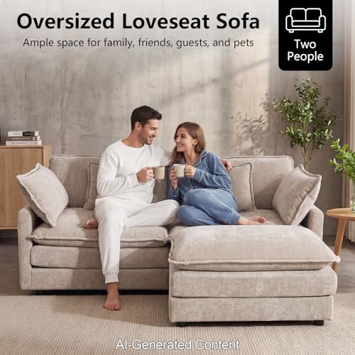 76.7" Cloud Sofa Couch, Modern Chenille Deep 2 Seater Loveseat with Moveable Ottoman and 4 Pillows, Comfy Modular L Shaped Couches for Small Living Room, Apartment, Studio, Office, Camel