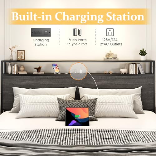 King Bed Frame with 2-Tier Storage Headboard, view 7