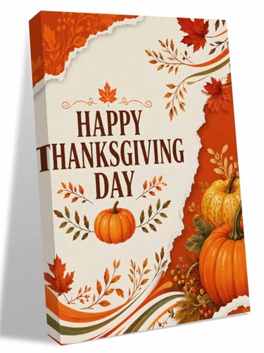 NuYeBiofx Happy Thanksgiving Day Pumpkins Canvas Wall Art Prints,48"x32" Framed Picture Artwork Autumn Maple Leaves Printed Canvas Oil Painting for Living Room Bedroom Office,Ready to Hang