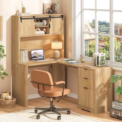 Farmhouse 68" L Shaped Fluted Desk with Hutch and Sliding Doors,Oak, view 2