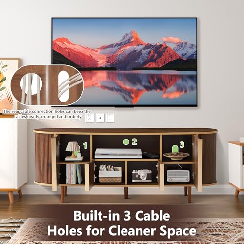 63" Fluted TV Stand with Storage for TVs up to 75", Brown | Modern Mid Century Entertainment Center Media Console with Adjustable Shelves and Open Storage for Living Room, Bedroom