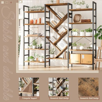 70x70 Triple 5 Tier Book Shelf, Large Wooden Bookcase with 17 Open Display Shelf, Modern Tree Bookshelf Metal Frame Tall Book Case Furniture for Living Room Bedroom Home Office Rustic Brown