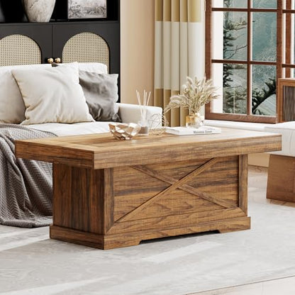 39 in Rustic Coffee Table for Living Room with X-Design, Rectangle | Farmhouse Center Table Wooden Pedestal, Space Saving, Home Office Tea Accent Table Dining Room Apartment, Walnut