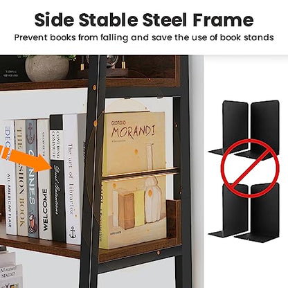 Bookshelf, Industrial Wood Bookshelves and Bookcases, Ladder Shelf 5 Tier with Metal Frame for Living Room, Bedroom, Kitchen, Home Office, Rustics Brown