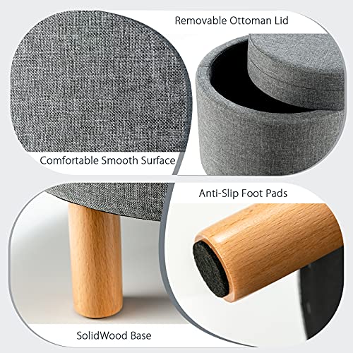 Round Storage Ottoman with Tray Lid, Accent Storage Footstool w/Soft Padding, Fabric Sitting Stool w/Solid Wood Legs & Non-Slip Pads, Tray Top Coffee Table for Living Room, Bedroom (Grey)