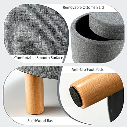 Round Storage Ottoman with Tray Lid, Accent Storage Footstool w/Soft Padding, Fabric Sitting Stool w/Solid Wood Legs & Non-Slip Pads, Tray Top Coffee Table for Living Room, Bedroom (Grey)