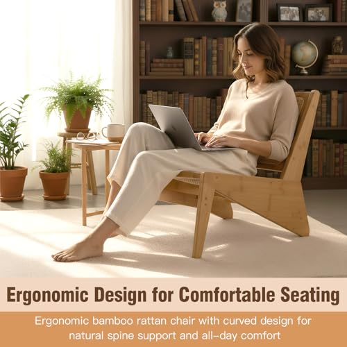 Mid Century Rattan Accent Chair, Bamboo Wood Lounge Chair with Woven Cane Backrest, Low Armchair for Living Room, Bedroom, Balcony or Reading Corner, Natural