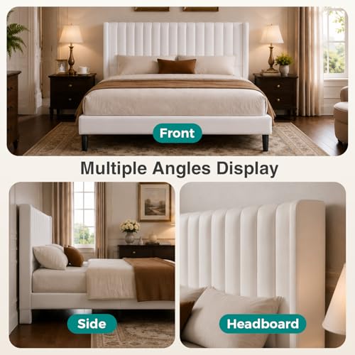Beige Upholstered Full Bed Frame with Headboard, view 7