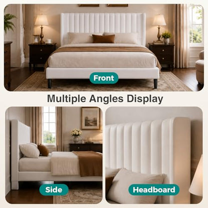 Beige Upholstered Full Bed Frame with Headboard, view 7