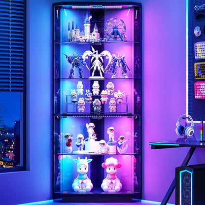 5-Tiers Corner Display Cabinet with Glass Door and RGB Light,Black, view 2