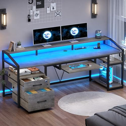 63" Computer Desk, Office Desk with Lockable Drawers for Legal/Letter File, Gaming Desk with LED Lights & Power Outlet, Home Office Desks with Storage, Grey
