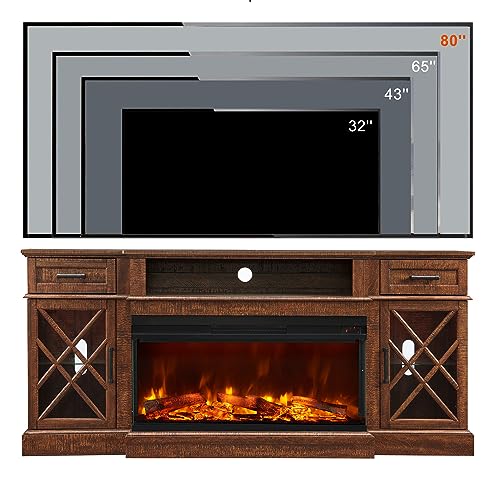 3-Sided Glass Farmhouse Fireplace TV Stand for TVs up to 80'', Highboy Entertainment Center with Glass Door Storage Cabinet, 70'' Large TV Stands with 36'' Electric Fireplace, Reclaimed Barnwood