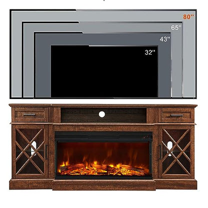 3-Sided Glass Farmhouse Fireplace TV Stand for TVs up to 80'', Highboy Entertainment Center with Glass Door Storage Cabinet, 70'' Large TV Stands with 36'' Electric Fireplace, Reclaimed Barnwood