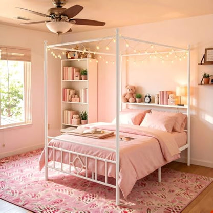 Full Canopy Bed Frame with Storage Headboard,Noise-Free,White, view 8