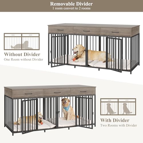 Double Dog Crate, 71" W Indoor Dog Kennel Furniture for 2 Dog, Grey, view 6